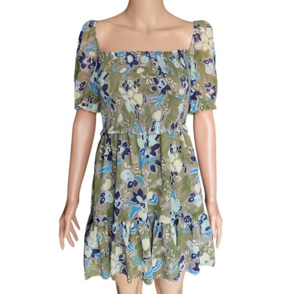 Blue and White Floral Midi Dress with Puff Sleeves